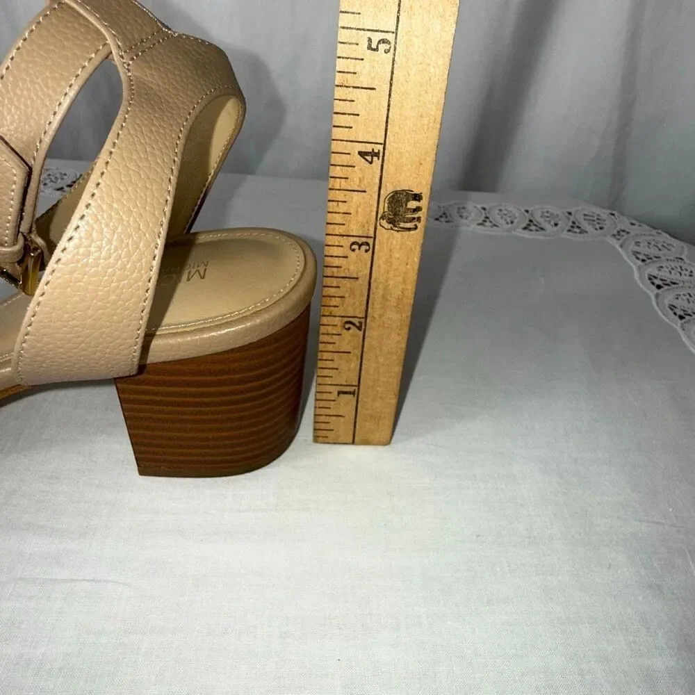 Michael Kors Women’s Nude Pebbled Leather Block Heel Sandals Gold MK Accent 3” H
